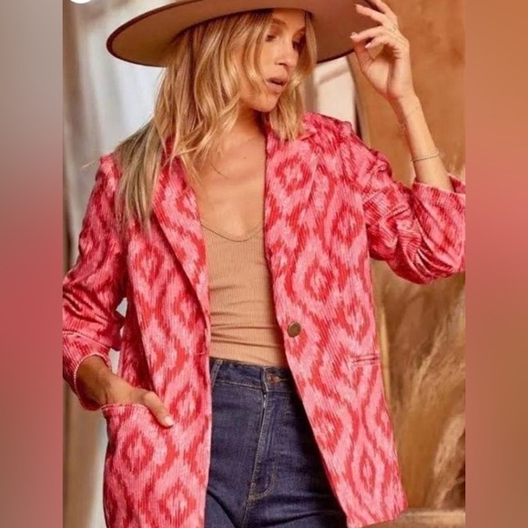 Savanna Jane $70 Pink & Red Geometric Ikat Diamond Corduroy Blazer L Southwest - Picture 2 of 12